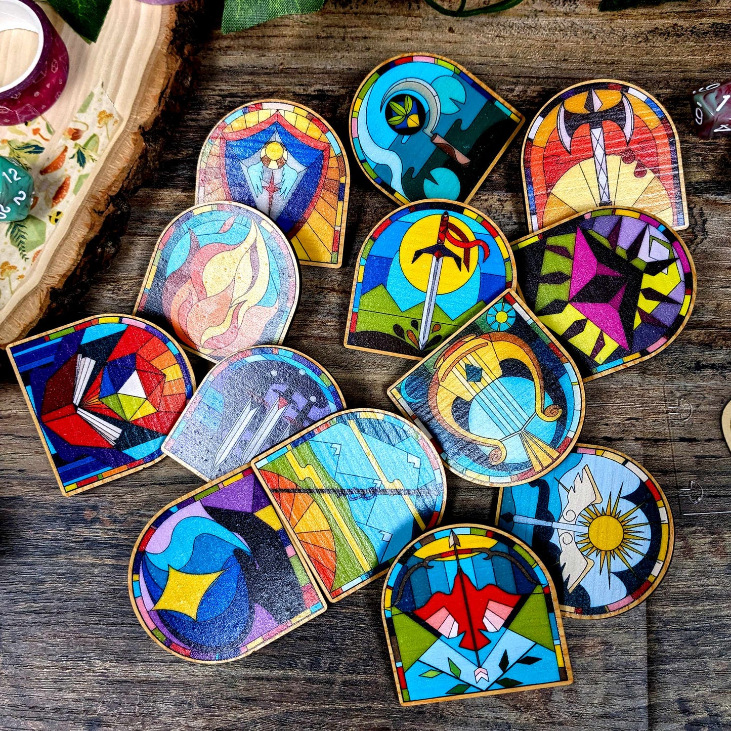Stained Glass D&D Class Pins | Wooden Pins